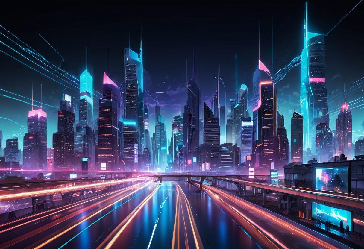 A vibrant illustration featuring a futuristic city skyline with glowing high-speed internet lines connecting the buildings, symbolizing fast data flow. Include elements of security, such as digital locks and shield icons integrated into the design. A diverse group of people using devices like laptops and smartphones, all connected to a high-speed network. The scene should convey both speed and safety in a tech-savvy environment. vibrant colors. cyberpunk. 3D.