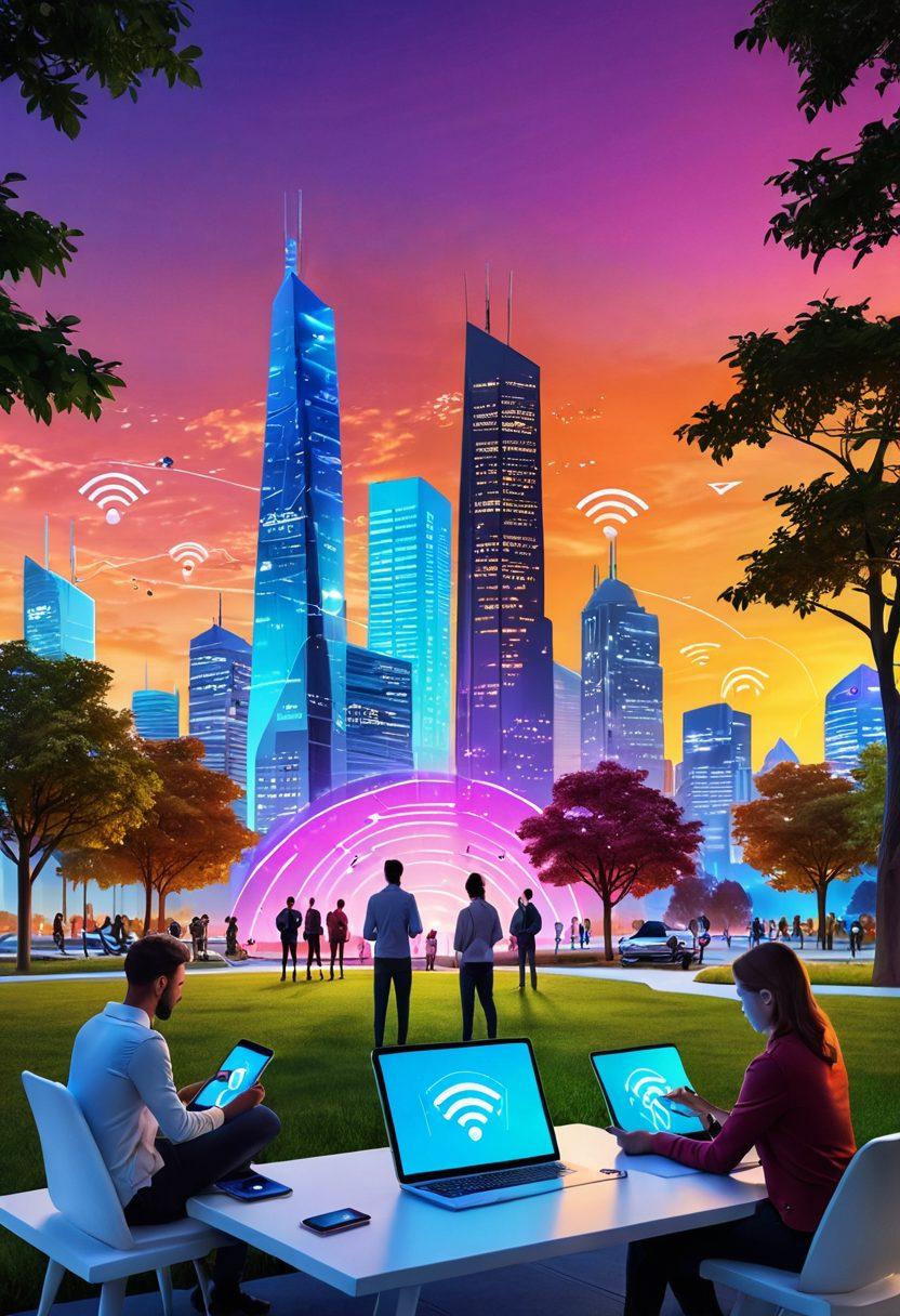 A modern home and a public park blended into one scene, showcasing multiple people using devices connected to WiFi. Include visual elements like WiFi signal icons radiating from routers and trees, along with infographics showing connectivity tips. The background features a futuristic city skyline with vibrant sunset colors. super-realistic. vibrant colors. 3D.