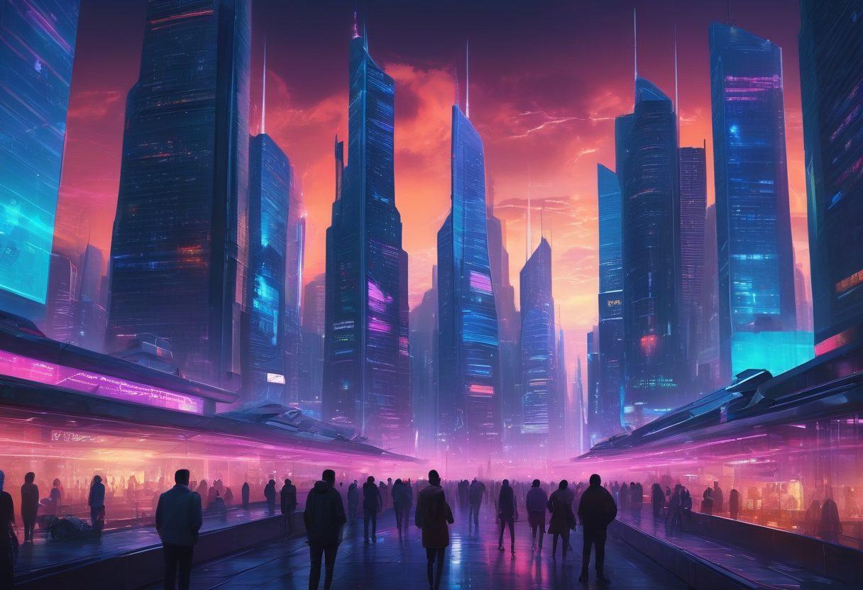 A futuristic city skyline at dusk, with glowing wireless signals radiating from antennas atop skyscrapers. In the foreground, a diverse group of people using various devices, smiling as they connect with high-speed internet. Wisps of digital data flow through the air, illustrating optimal connectivity. Include elements like holographic displays and vibrant neon lights to enhance the tech vibe. cyberpunk. vibrant colors. super-realistic.